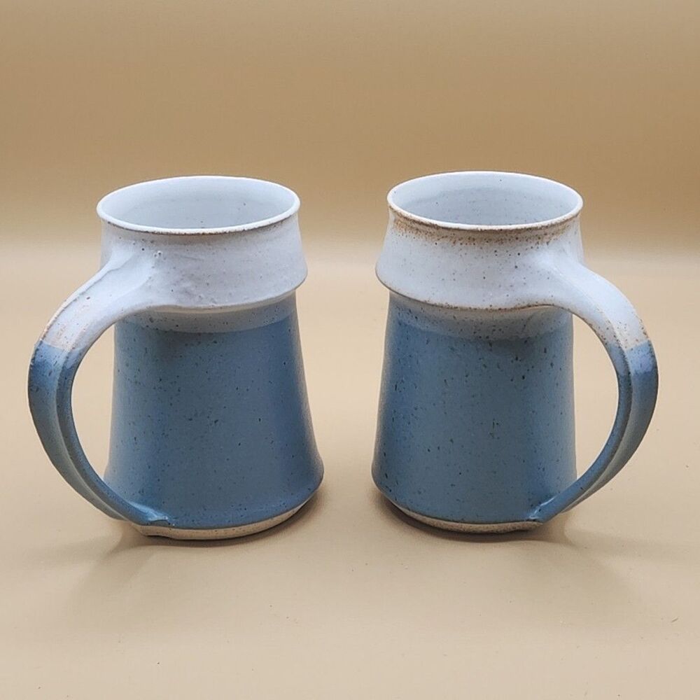 Studio Pottery Mugs Stoneware Signed Sky Blue Speckled 12 oz 1992 Handmade Pair
